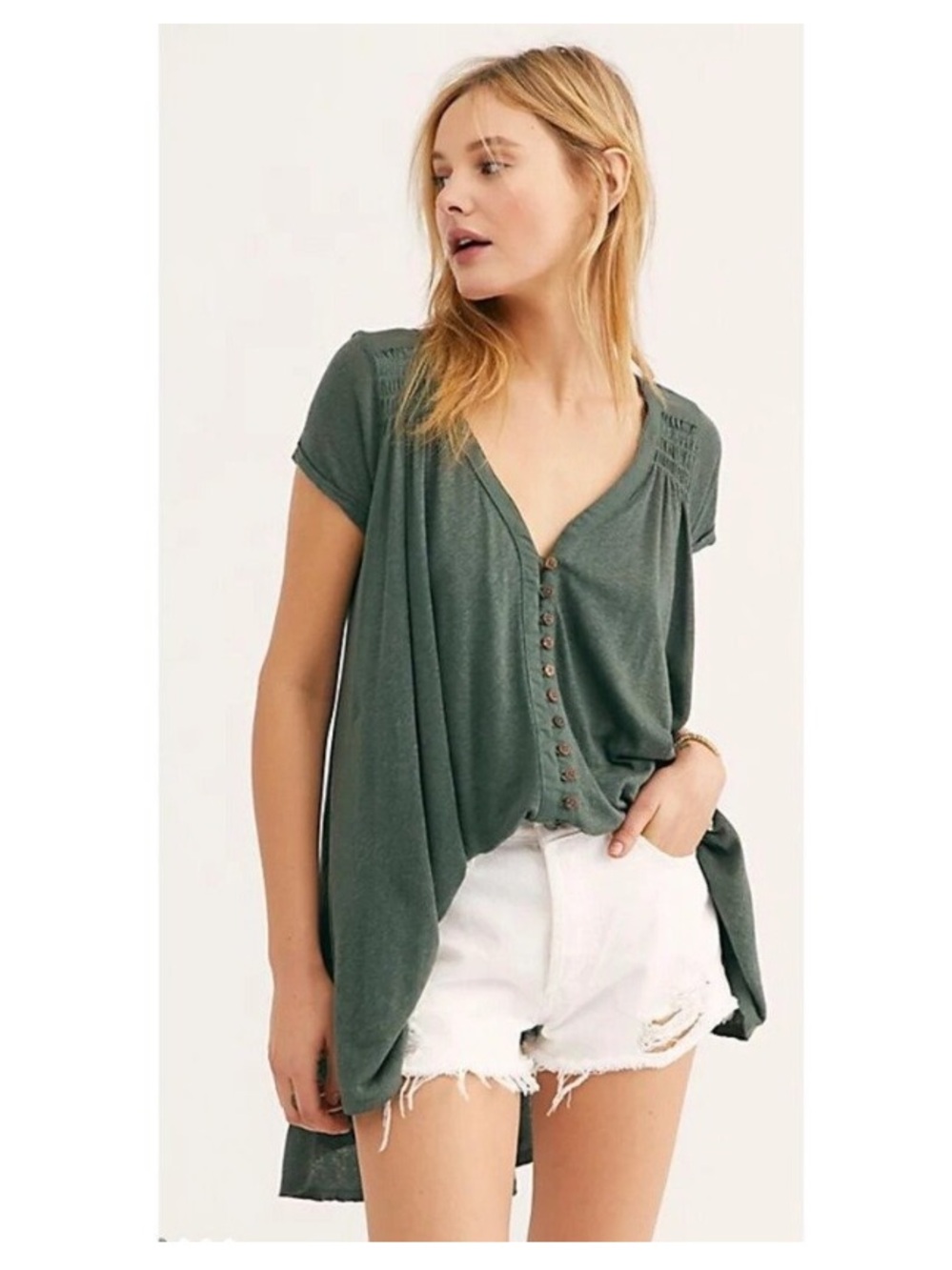 Free People Highland Tee Flowy Green Button-Front Top size m